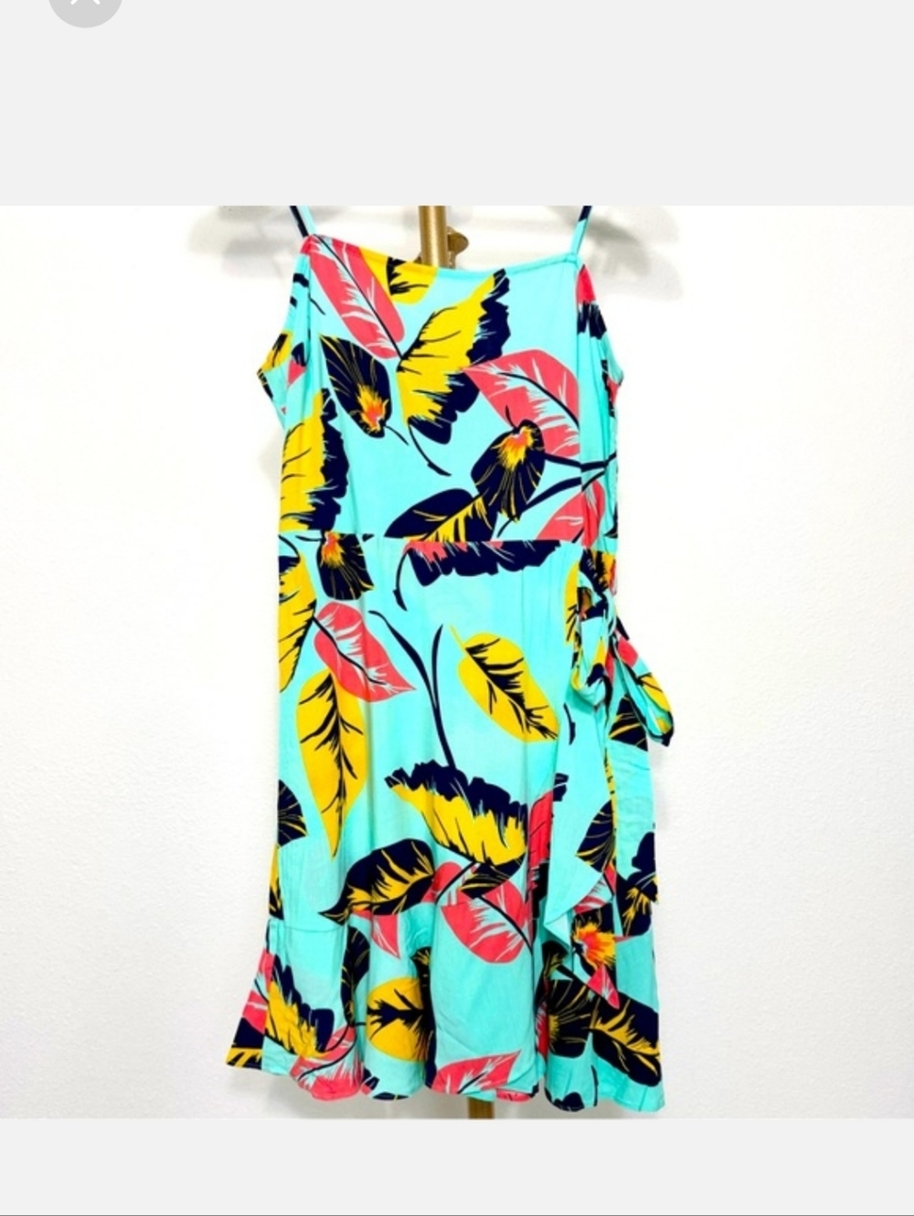 Express Tropical Leaf Print Spaghetti Strap Dress - Aqua, Yellow, Coral, Navy